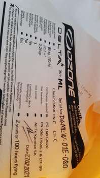 Ozone Delta 4 ml 85-105kg Concertinas No SIVs No flying on the sand No trees No water