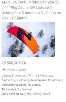 SKY Zoe 23 23 74-119kg S batohem Nelétáno na písku TK platná Žádné SIV Nekoupáno