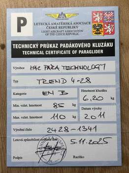 MAC Trend 28 85-110kg Žádné SIV Nelétáno na písku Nevětveno Nekoupáno Na motor TK platná